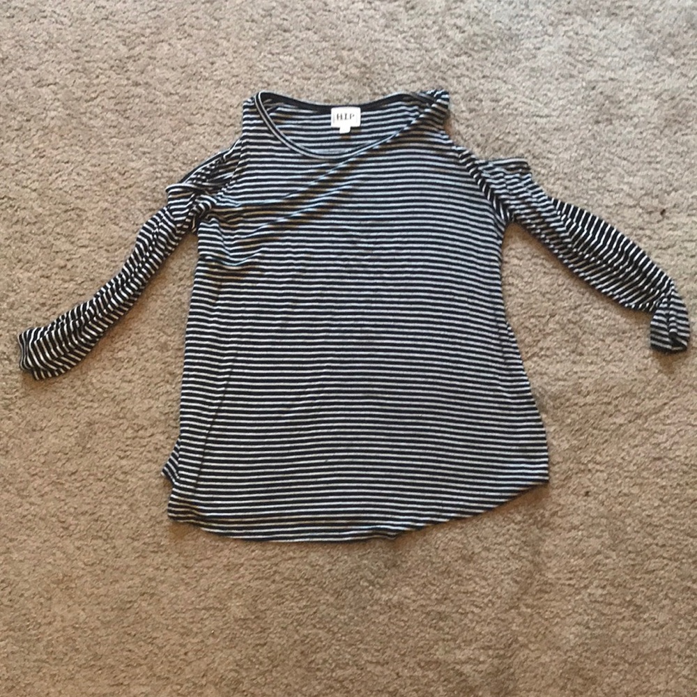 black and white striped cold shoulder top